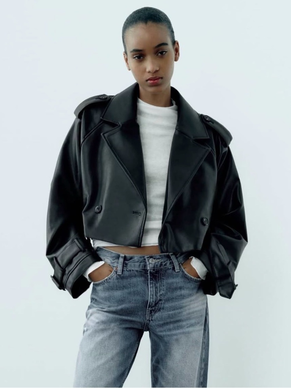 NW Zara Cropped Faux Leather Double-Breasted trench coat
